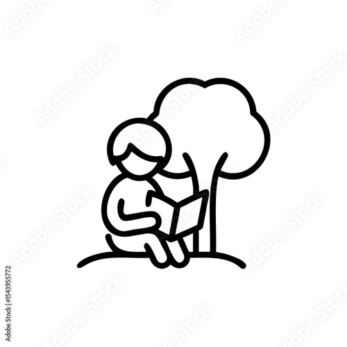 Line art illustration of person reading book under tree eco friendly environment concept