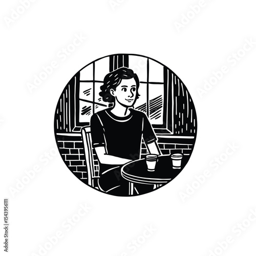 Black and white vector illustration of a young woman working on a laptop in a modern cafe. Perfect for business, freelancing, remote work, digital nomad lifestyle, and office design projects.