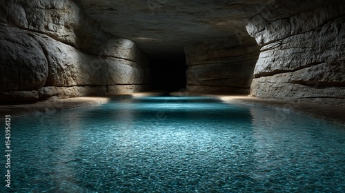 Cave pool soft blue bioluminescence glowing under the surface limestone walls and natural shadows in realistic lighting