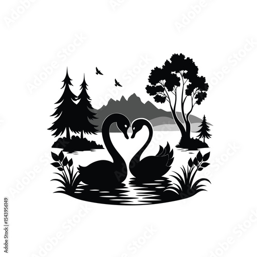 black silhouette of elegant swan couple in a romantic lake scene on white background in Adobe Illustrator Artwork