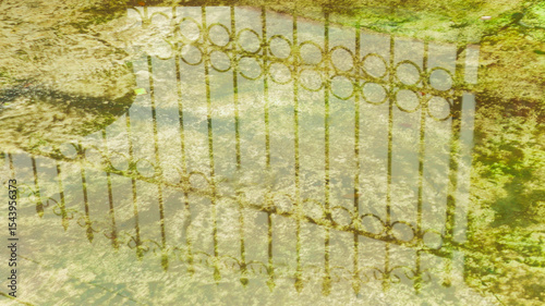 Photo of a decorative wrought iron gate reflection in shallow, algae-filled pond water. Suitable for environmental, heritage, and garden background themes