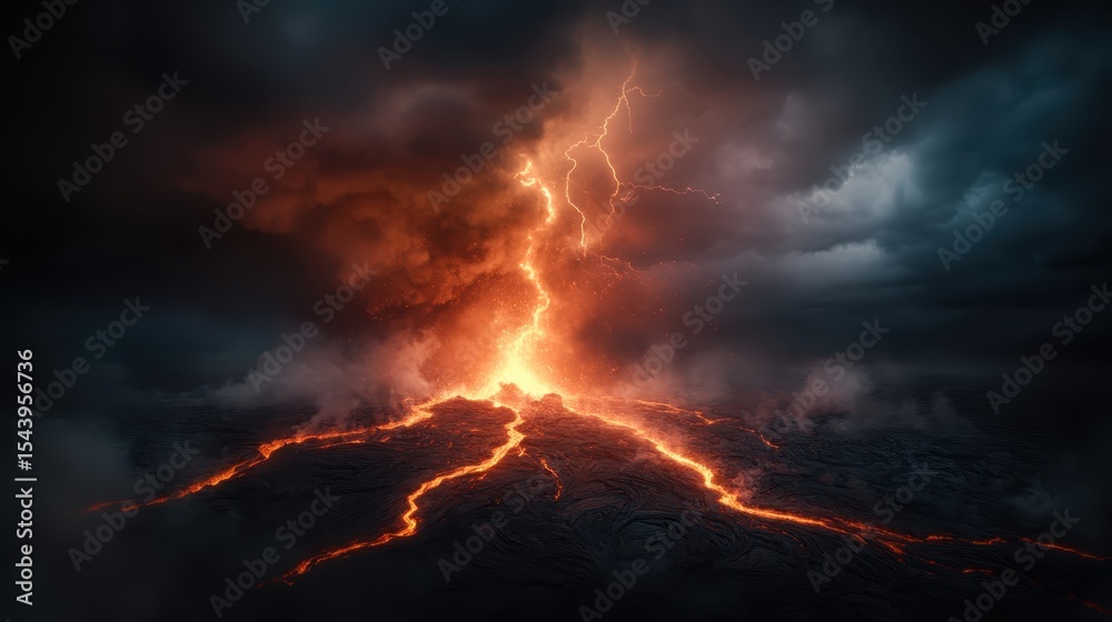 Fototapeta premium A dramatic volcanic eruption with flowing lava and lightning against a dark stormy sky, showcasing the raw power and unpredictability of nature's fierce phenomena.