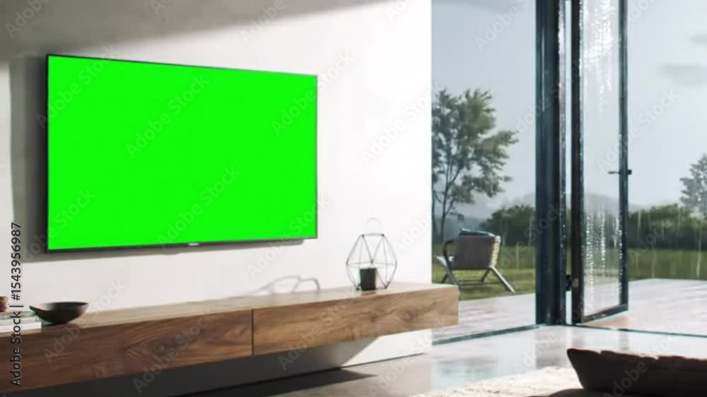 Modern Living Room with Green Screen TV, Rainy Window & Sunlight Contrast