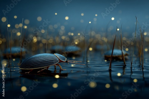 Bioluminescent water beetles glowing faintly shallow wetland pool at dusk realistic macro wildlife photography in native habitat