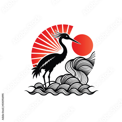 black silhouette of Japanese crane bird with rising sun and wave patterns  on white background in Adobe Illustrator Artwork