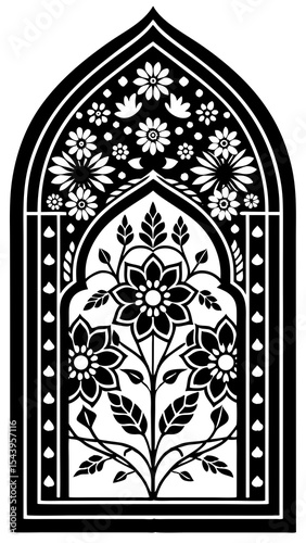 Black and white floral arch design islamic pattern