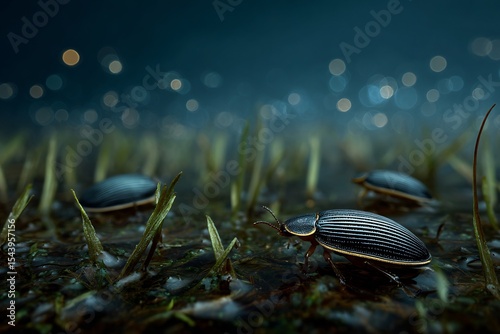 Bioluminescent water beetles glowing faintly shallow wetland pool at dusk realistic macro wildlife photography in native habitat