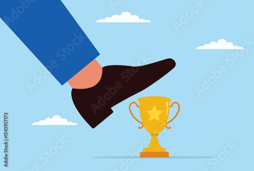 Vector illustration of a giant foot attempting to trample a golden trophy, symbolizing obstacles and opposition that threaten to undermine success, achievement, and victory
