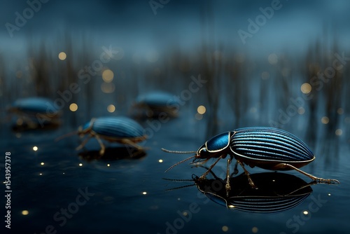 Bioluminescent water beetles glowing faintly shallow wetland pool at dusk realistic macro wildlife photography in native habitat