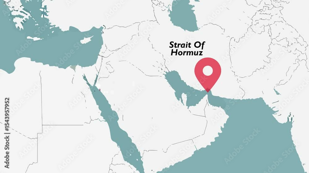 4K Vector map animation of the Middle East with Strait of Hormuz labeled and marked by a pulsing red location icon, clean animated style