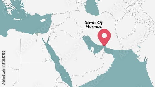 4K Vector map animation of the Middle East with Strait of Hormuz labeled and marked by a pulsing red location icon, clean animated style