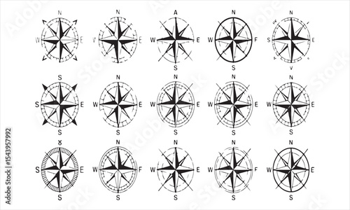 Collection of hand drawn compass rose illustrations