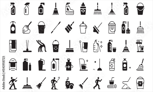 Cleaning supplies and tools icon set black and white
