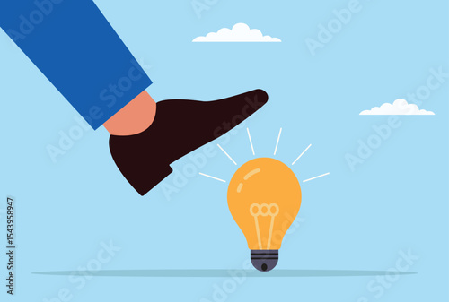 Vector illustration of a giant foot trying to crush a bright bulb, representing the battle between overwhelming pressure and the resilience of bright ideas
