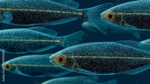 Bioluminescent signal coordination flashlight fish school at night light used for group navigation and hunting shown underwater
