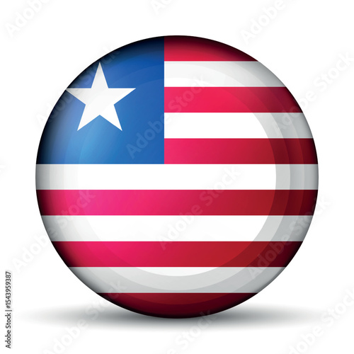 Glass light ball with flag of Liberia. Round sphere, template icon. Liberian national symbol. Glossy realistic ball, 3D abstract vector illustration highlighted on a white background. Big bubble.