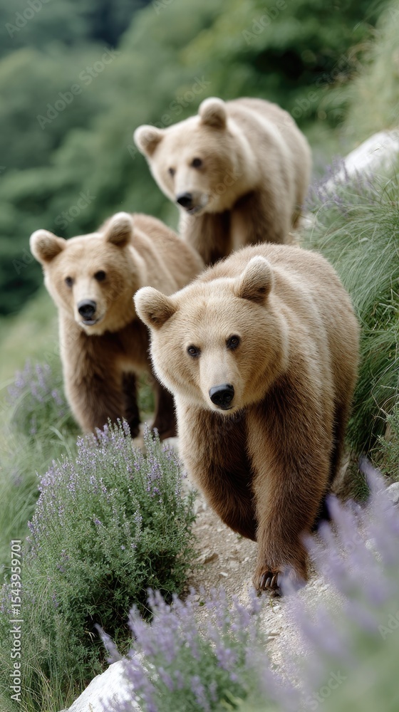 Fototapeta premium Mother bear and her two cubs walk gracefully along an alpine hillside, surrounded by blooming purple heather in a serene setting