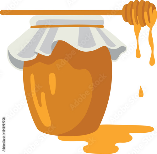 Vector hand-drawn jar of honey and honey dipper pre-made composition. Perfect for product design, web, textile, wallpaper, backgrounds etc.