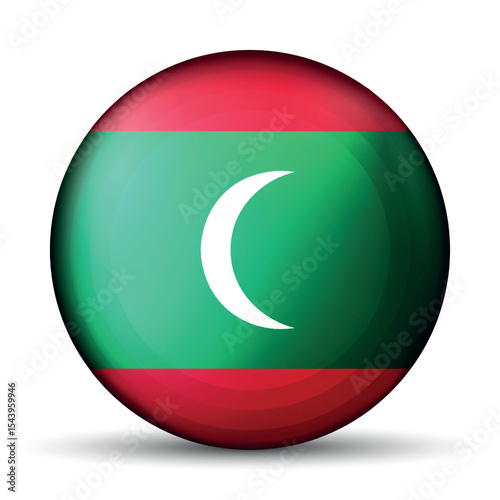 Glass light ball with flag of Republic of Maldives. Round sphere, template icon. Maldives national symbol. Glossy realistic ball, 3D abstract vector illustration. Big bubble.