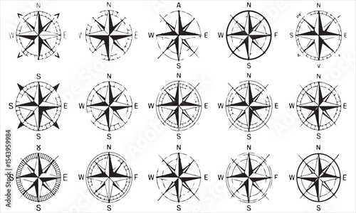 Collection of hand drawn compass rose illustrations
