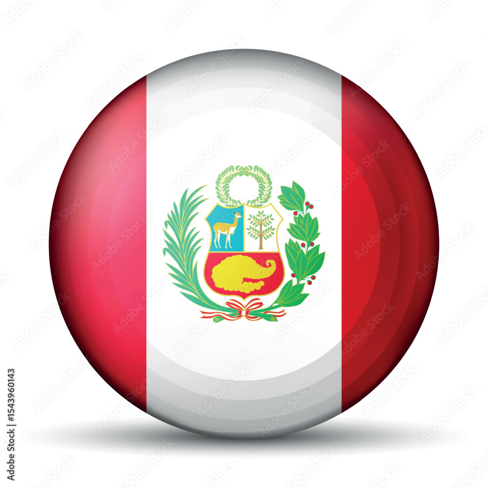 Obraz premium Glass light ball with flag of Peru. Round sphere, template icon. Peruvian islands national symbol. Glossy realistic ball, 3D abstract vector illustration. Big bubble.