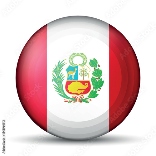 Glass light ball with flag of Peru. Round sphere, template icon. Peruvian islands national symbol. Glossy realistic ball, 3D abstract vector illustration. Big bubble.