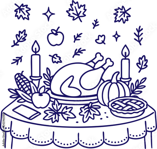 Thanksgiving dinner table with turkey and pie in line art style