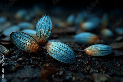 Bioluminescent seed pods glowing subtly after falling into moist rainforest floor natural decay light emission process in realism