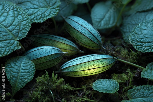 Bioluminescent seed pods glowing subtly after falling into moist rainforest floor natural decay light emission process in realism