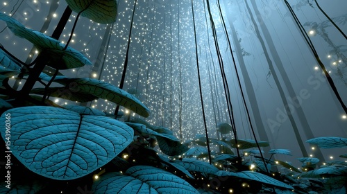 Bioluminescent rainforest night with glowing insects and plants thick vines hanging in fog surreal twilight ambiance in a magical tropical jungle
