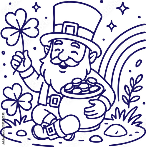 Leprechaun with shamrock and pot of gold in line art style
