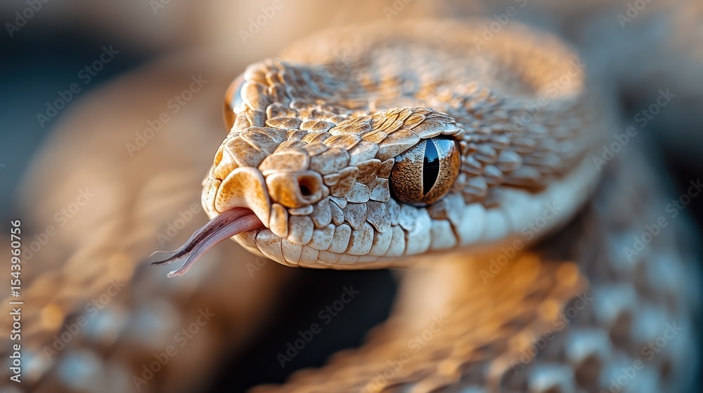 Fototapeta premium A detailed close-up of a desert snake showcasing its distinctive scales and impressive eyes, capturing the beauty and uniqueness of wildlife in its natural habitat.