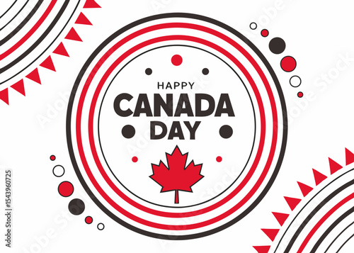 Happy Canada Day Poster with Red Maple Leaf and Circular Design, Patriotic Colors, National Holiday Concept, Generative AI