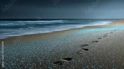 Bioluminescent plankton lighting up footprints a beach captured in realistic low light photography after dark