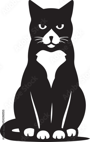 Cat silhouette sitting calmly vector drawing, Peaceful black and white feline illustration