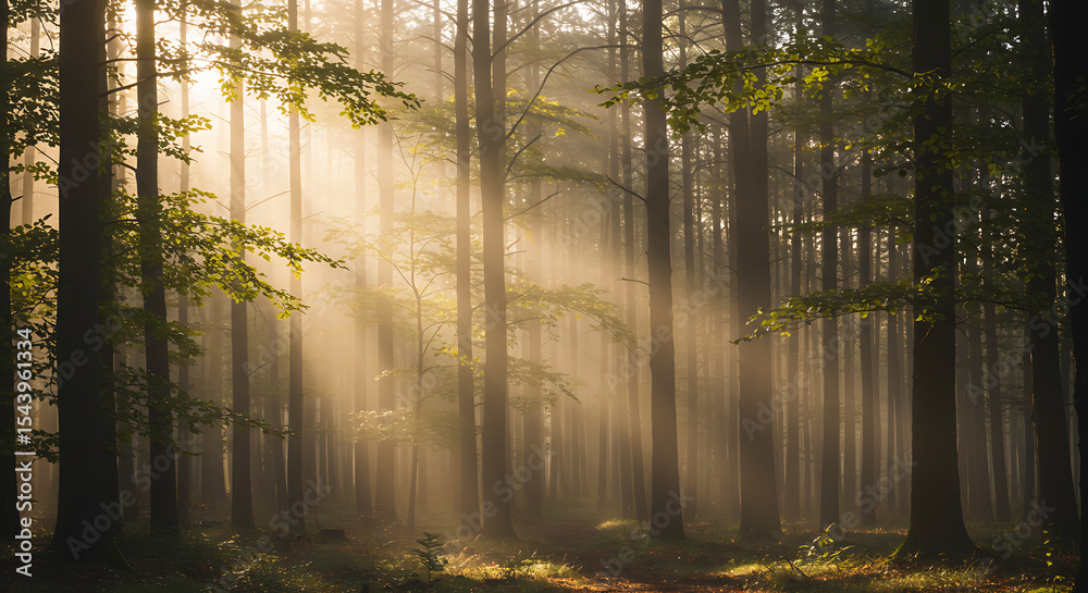 Obraz premium Sunbeams in the Misty Forest: Golden sunbeams pierce through the dense fog of a mystical forest, illuminating the ancient trees and creating a magical, serene atmosphere. 