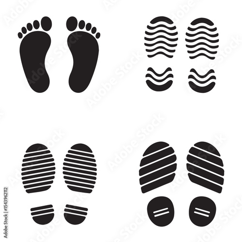 Footprint and shoe print icons set vector illustration on white background.
