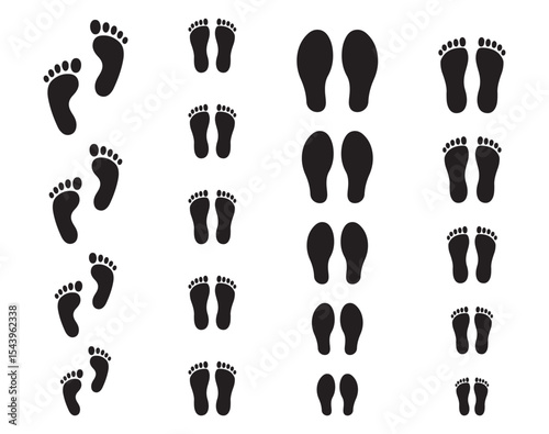 Footprint Vector Illustration Set Silhouette | Shoe, Paw, and Barefoot Print Icons Footprint Vector Illustration Set Silhouette | Human and Animal Tracks Collection