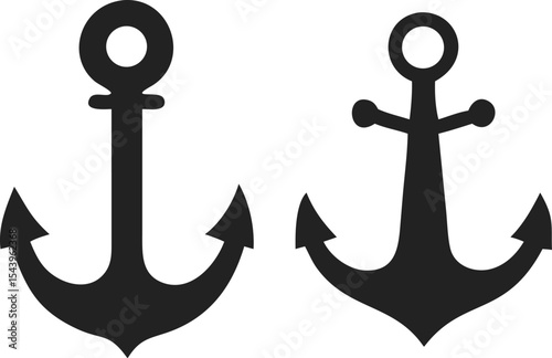 Pair of Black Silhouette Anchors – Traditional Nautical Designs with Circular Tops, Vertical Shafts, and Flukes – One with Single Crossbar and One with Double Crossbars for Marine-Themed Logos, Tattoo