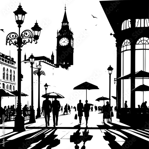  “City square silhouette with cafe umbrellas, pedestrians and clock tower backdrop”