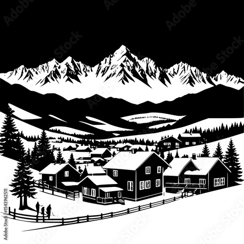Ski village silhouette under snowcapped peaks, cozy winter landscape design”
