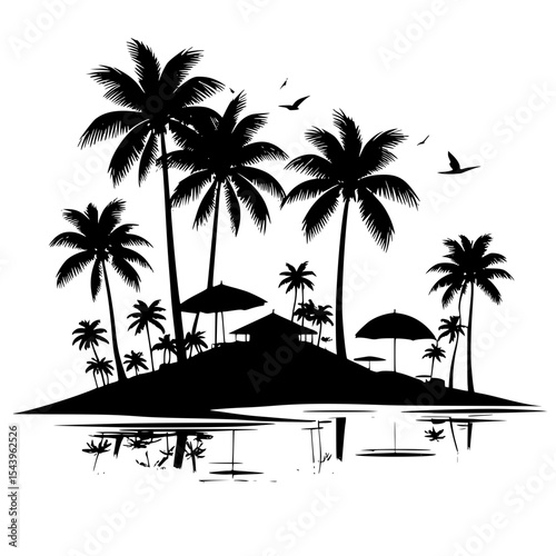  “Beach resort silhouette with umbrellas and palm trees, tropical holiday vector style”