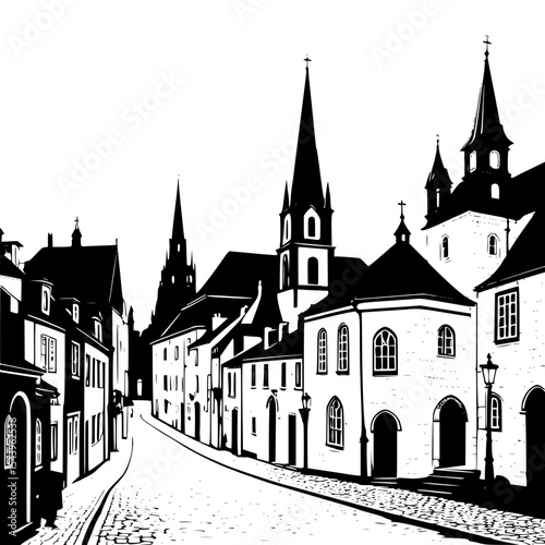 Historic European village silhouette with cobblestone streets and church spire”