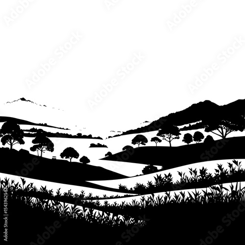 Tea garden silhouette with tiny hills and distant village, peaceful countryside vector”