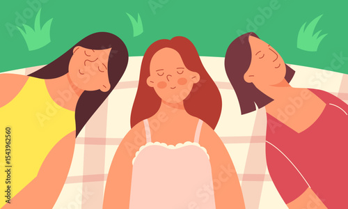 3 girls relaxing on a plaid in nature. Concept of a holiday in nature with friends