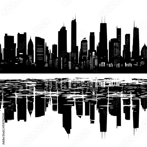 Modern city skyline silhouette reflected on river, monochrome vector for print or web”