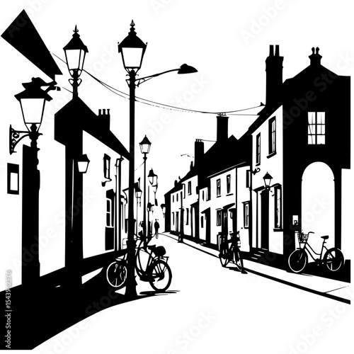  “Quiet village street silhouette with street lamps and bicycles, cozy evening mood”