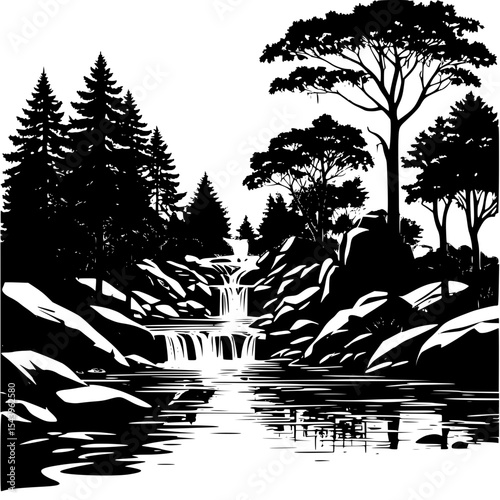 Waterfall silhouette cascading past trees and rocks into village pond, serene nature scene”