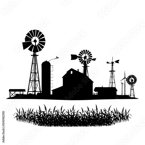 Farmstead silhouette with silo and wind pump at sunrise, rustic rural vector design”