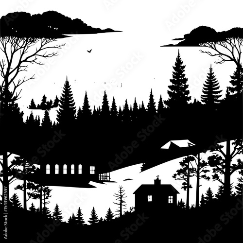  “Silhouette of dense forest with hidden village rooftops, fantasy woodland vector art”